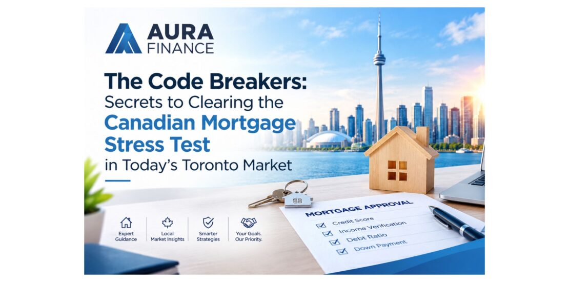 Alt Text: Aura Finance mortgage stress test guide with Toronto skyline.