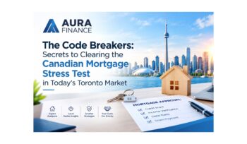 Alt Text: Aura Finance mortgage stress test guide with Toronto skyline.