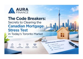 Alt Text: Aura Finance mortgage stress test guide with Toronto skyline.